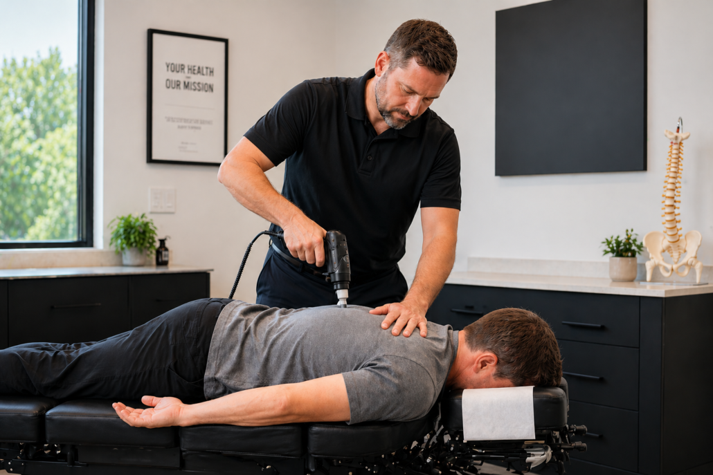 Professional chiropractor using a modern chiropractic adjustment device on a patient, calm clinical setting, patient relaxed, no aggressive movements, clean medical office, natural lighting, high-end healthcare environment