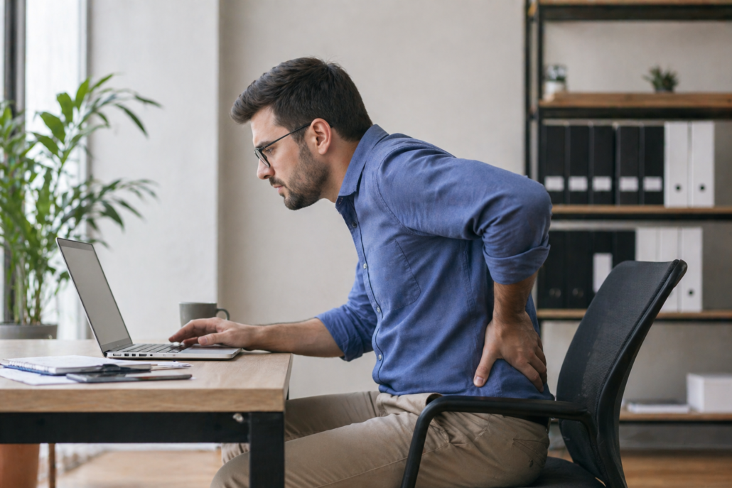 Poor posture causing back pain while sitting at desk