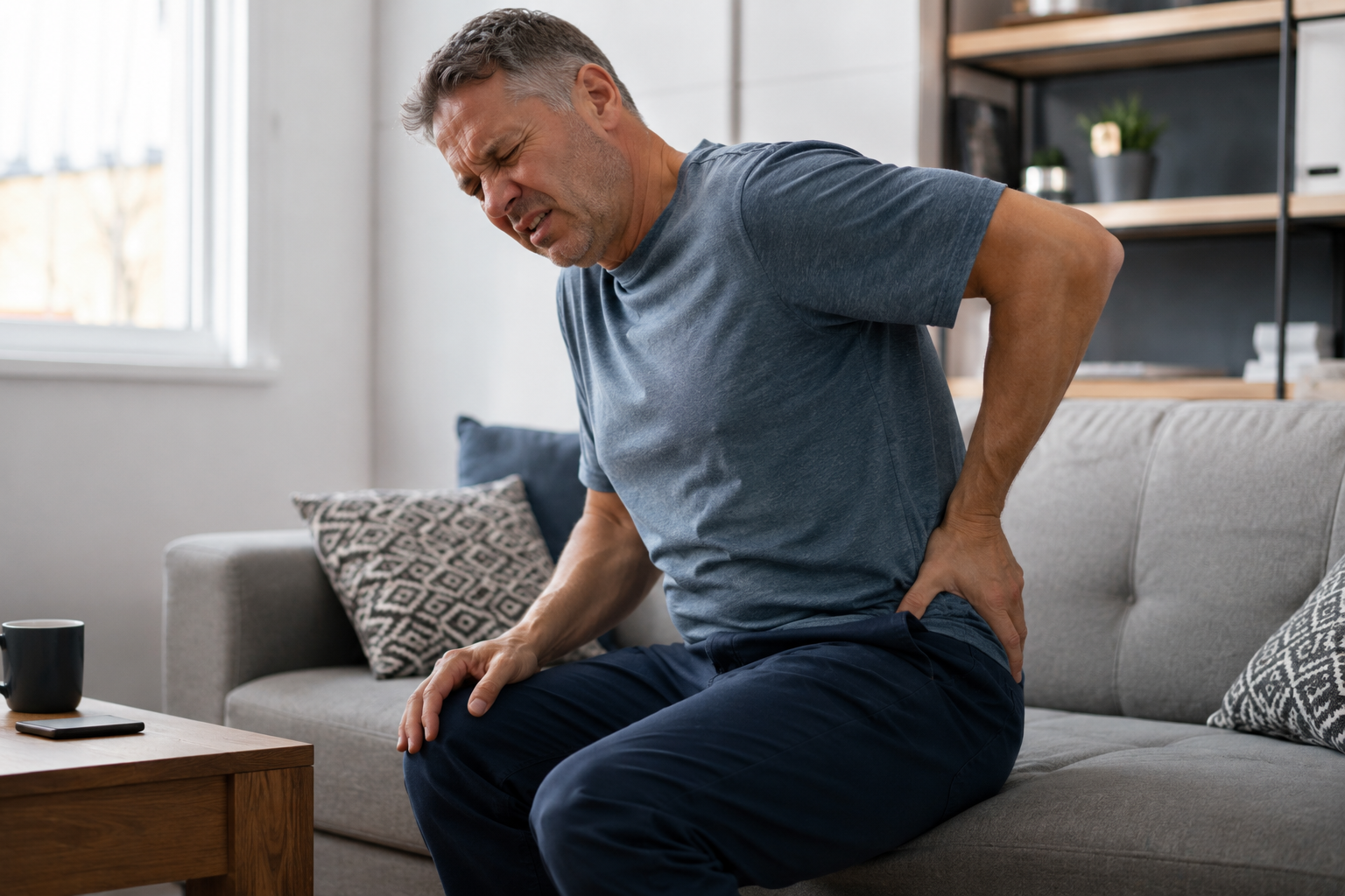 Man suffering from sciatica and lower back pain in Virginia Beach seeking chiropractic relief at ProAdjuster Chiropractic Clinic